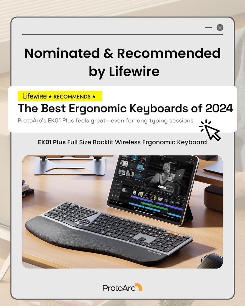 ProtoArc Backlit Bluetooth Ergonomic Keyboard, EK01 Plus Full Size Wireless Split Keyboard with Dual Bluetooth and USB, Cushioned Wrist Rest, Rechargeable for Windows/Mac/Android, Grey Black - Image 2